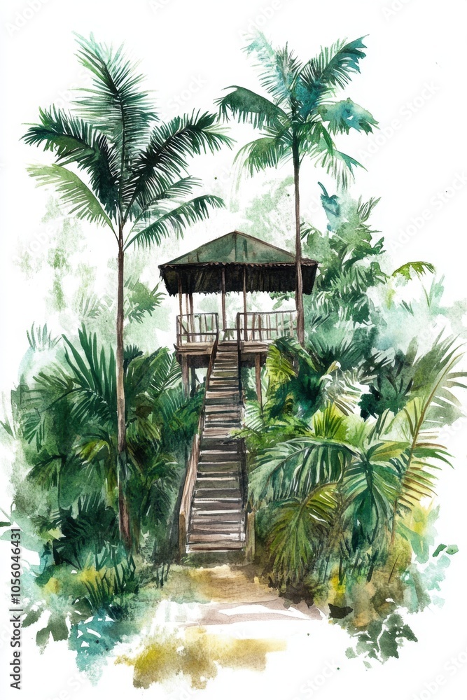 Fototapeta premium Jungle Treehouse with Stairs, Watercolor Illustration French Guiana Armistice Day.