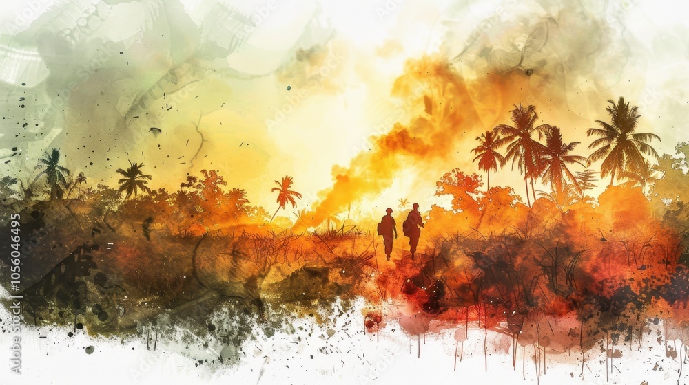 Fototapeta premium French Guiana Armistice Day. Watercolor of Soldiers in Jungle and Military Vehicle in Sunset