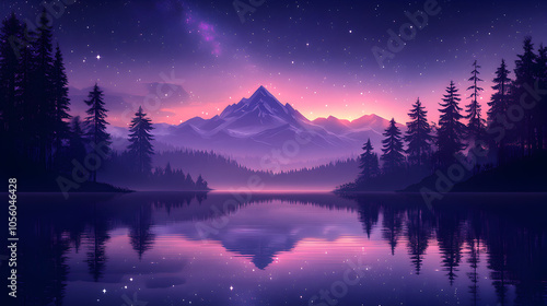 A majestic mountain range is reflected in a still lake under a night sky filled with stars.