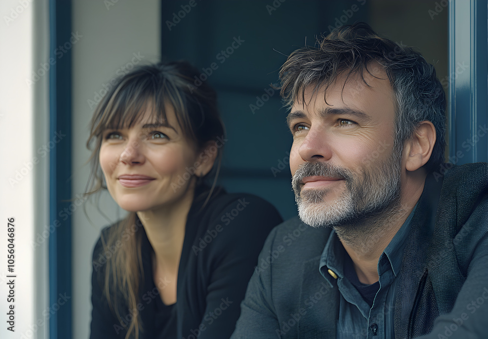 A man and woman look out of a window with a dreamy expression. A man and woman look out of a window with a dreamy expression.
