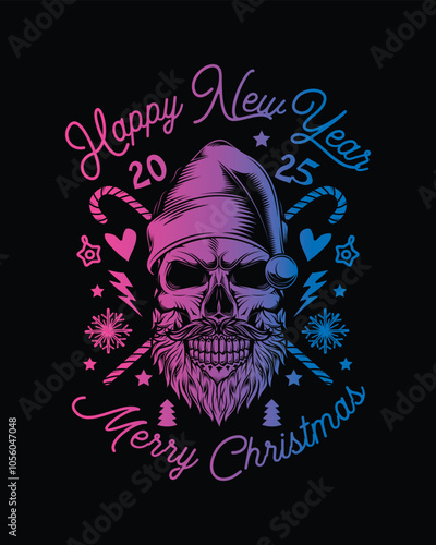 Skull with beard and mustache in Santa Claus hat. Christmas and New Year poster. Original vector illustration in vintage style. T-shirt design.