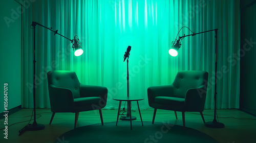 A minimalist podcast studio with two chairs, a table, and a microphone against a green curtain backdrop.