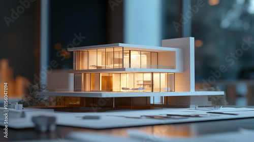 A modern house model with illuminated windows sits on a table surrounded by blueprints.