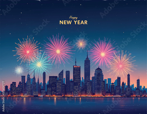 a vector poster of new york city skyline with fireworks in the night sky and buildings on it
