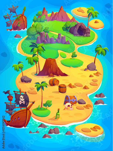 Cartoon pirate treasures island map for kids arcade game, vector background. Caribbean adventure and pirate island map with treasure chest and sunken ship, skull and cave with rum barrels in ocean