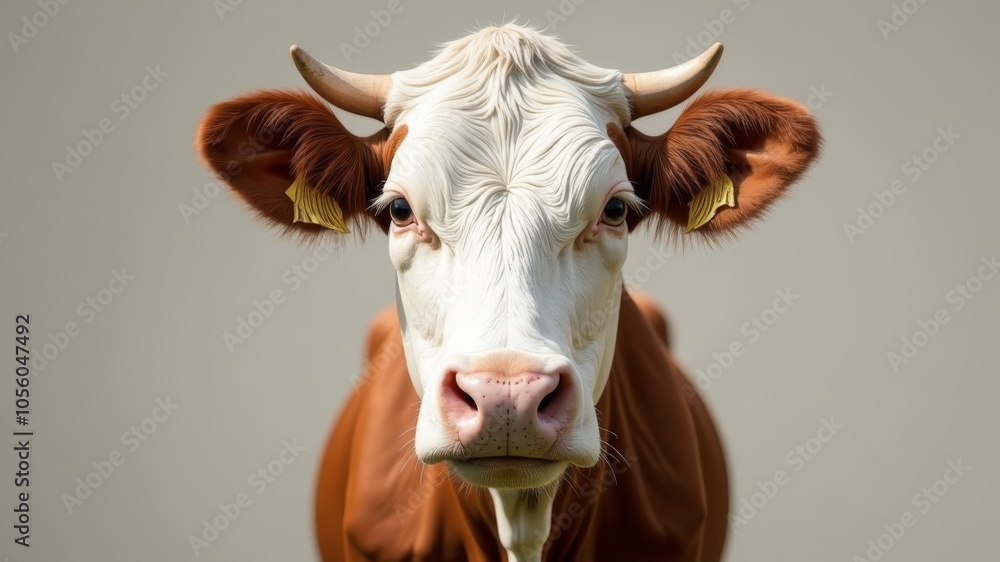 Naklejka premium close up portrait of domestic cow on plain grey background