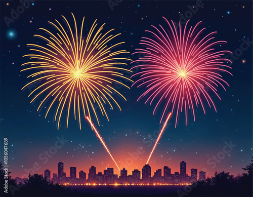 vector of red and yellow fireworks explode and bursting in the night starry sky above a city