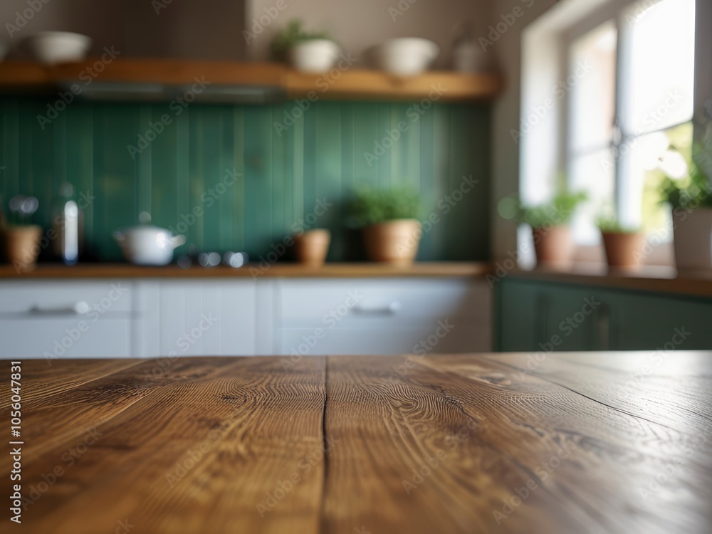 Empty wooden table with the bright white interior of the kitchen as a blurred background behind the bokeh golden sunshine Empty wooden table with the bright white interior of the kitchen as a blurred background behind the bokeh golden sunshine
