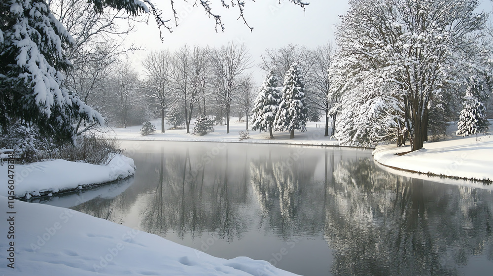 Show Snow-Covered Trees, Mist-Enveloped Lake, Tranquil Setting Show Snow-Covered Trees, Mist-Enveloped Lake, Tranquil Setting