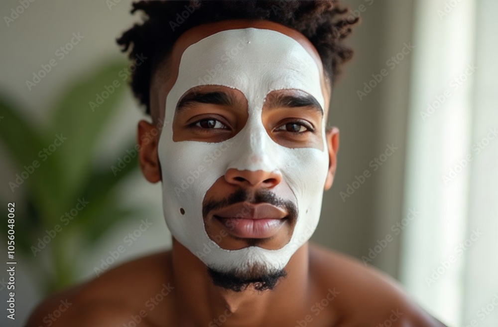 Portrait of a young African man with a cosmetic mask on his face at home. Facial skin care Portrait of a young African man with a cosmetic mask on his face at home. Facial skin care