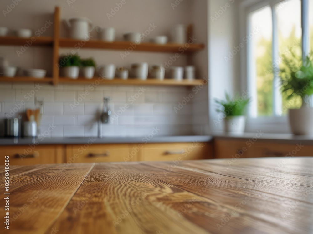 Empty wooden table with the bright white interior of the kitchen as a blurred background behind the bokeh golden sunshine Empty wooden table with the bright white interior of the kitchen as a blurred background behind the bokeh golden sunshine