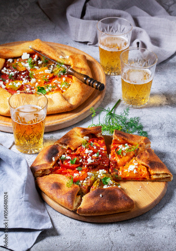 Obraz na płótnie Traditional open pie galette with tomatoes, cheese and herbs, served with beer or wine. w salonie