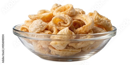 Bowl of crispy pork rinds against a transparent background. Generative AI