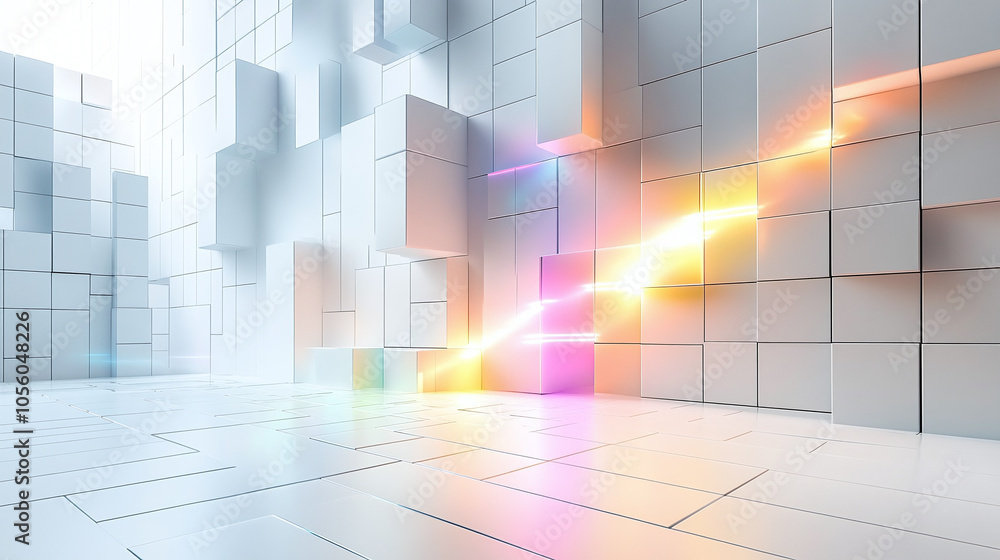 A Colorful Ray Shining in a Futuristic, Abstract Space of Geometric Shapes