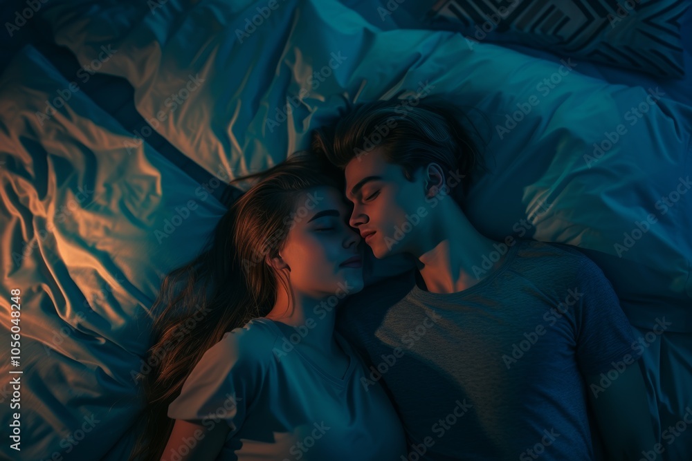 Couple lying closely together in bed surrounded by soft pillows in a serene bedroom atmosphere at nighttime Couple lying closely together in bed surrounded by soft pillows in a serene bedroom atmosphere at nighttime