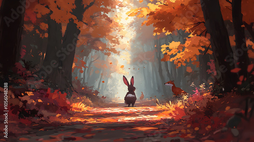 A rabbit walks down a path in an autumn forest, with sunlight streaming through the trees.