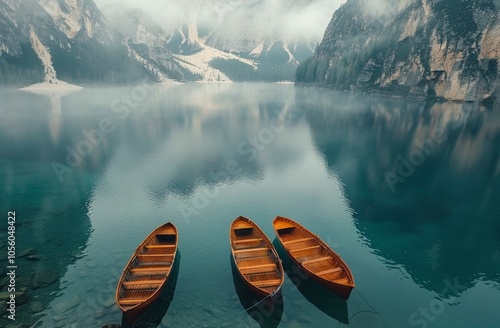 Three Wooden Boats Docked on a Still, Misty Lake in the Italian Alps photo