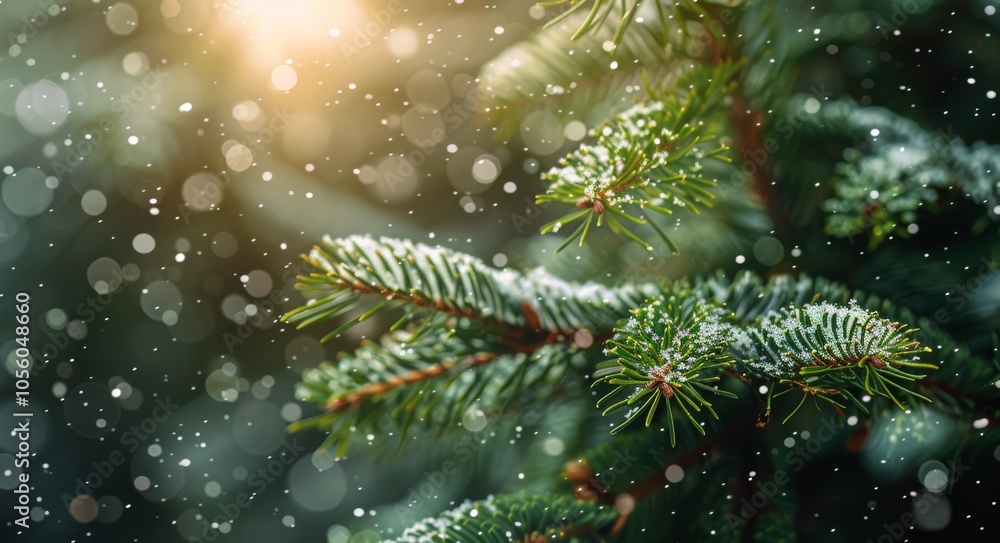 Snow-Covered Pine Branch Against A Blurred Green Background