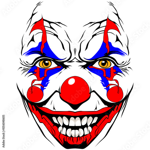 Psycho killer clown mask evil clown face with red nose and lips portrait from the front. Creepy horror clown smiley face, Joker Smile for Halloween realistic illustration graphic	