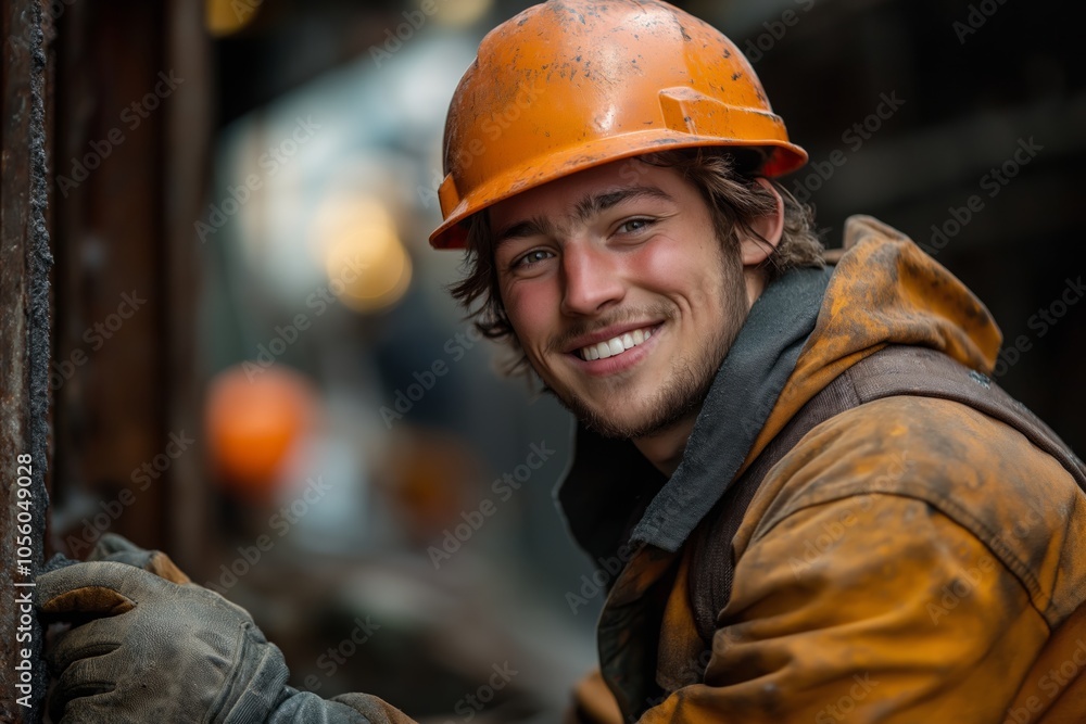 Young construction worker with a bright smile and orange helmet, posing confidently on the job site Young construction worker with a bright smile and orange helmet, posing confidently on the job site