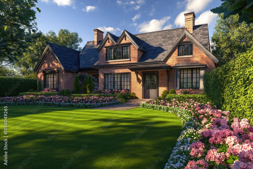 A traditional house with a cozy brick facade, dormer windows, and a manicured lawn lined with seasonal flowers, radiating charm and timeless style. A traditional house with a cozy brick facade, dormer windows, and a manicured lawn lined with seasonal flowers, radiating charm and timeless style.