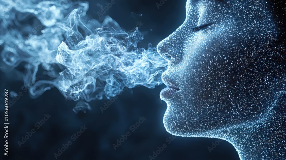 A woman exhales wisps of smoke while surrounded by a cosmic, starry backdrop at night A woman exhales wisps of smoke while surrounded by a cosmic, starry backdrop at night