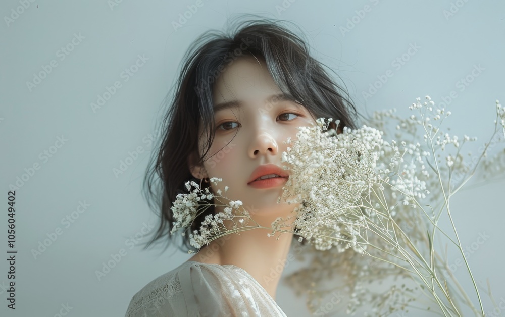 Young Woman With Short Hair Posing With White Flowers Against a Blue Background Young Woman With Short Hair Posing With White Flowers Against a Blue Background