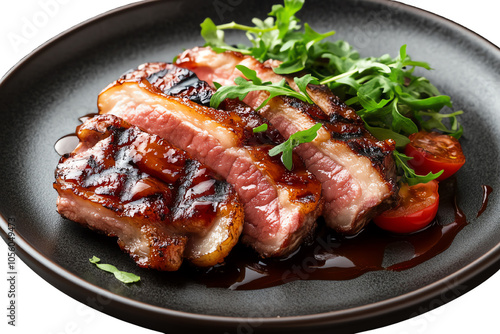 Succulent grilled steak served with fresh herbs and cherry tomatoes on a black plate.