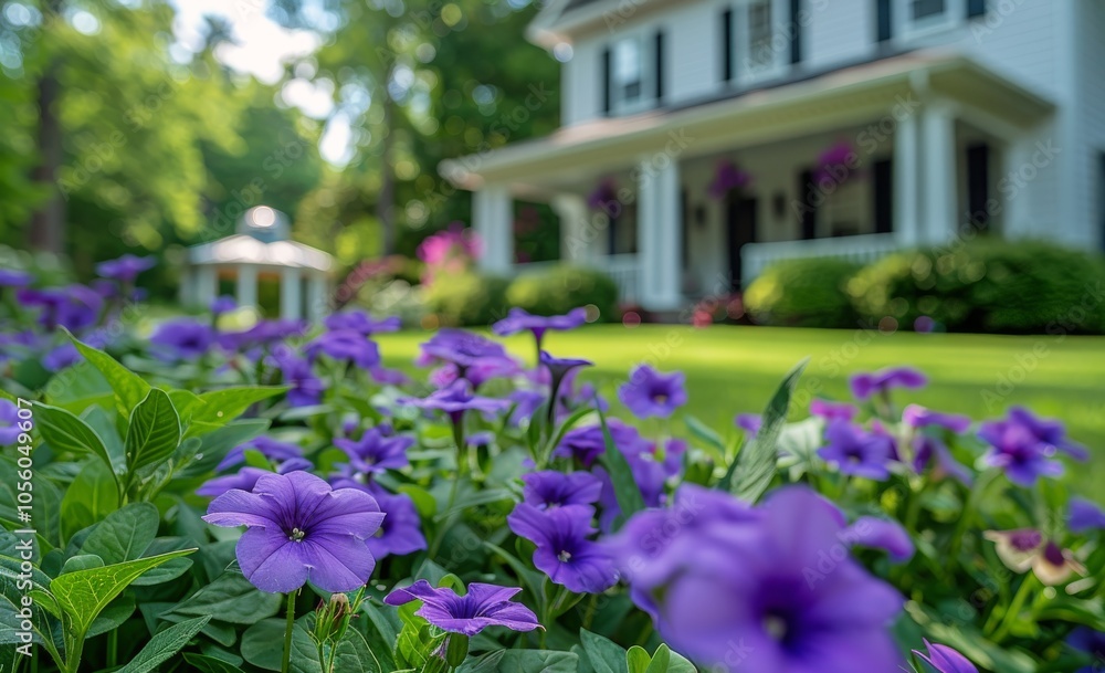 Purple Flowers Blooming in Front of a White House on a Sunny Day Purple Flowers Blooming in Front of a White House on a Sunny Day