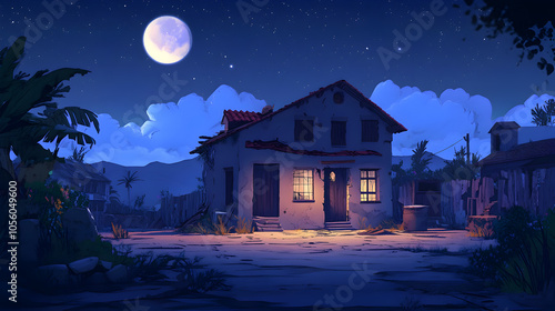 A small, abandoned house with a single light on, bathed in the glow of the moon.