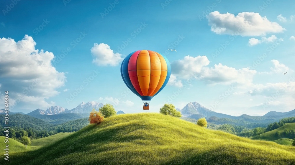 Obraz premium Vibrant Hot Air Balloon Over Green Hills