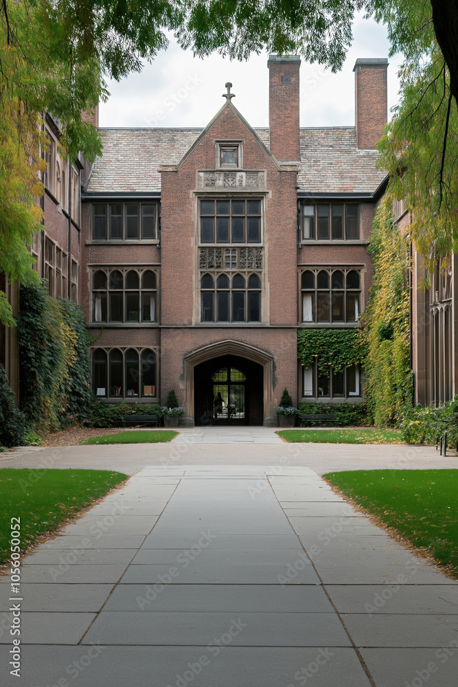 Historic college building surrounded by greenery on a cloudy day in autumn Historic college building surrounded by greenery on a cloudy day in autumn