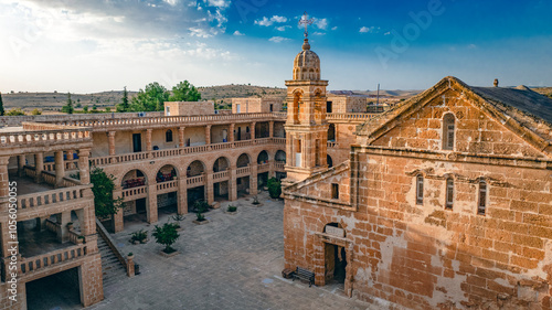 Fotografi Ancient Mor Yakup Syriac Monastery Courtyard in Midyat, Turkey
