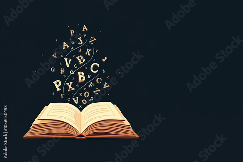 letters flowing out from an open book various letters surge out from literature notebook copy space for text 