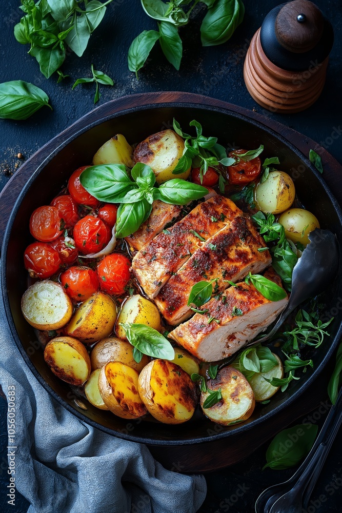 Juicy Roasted Chicken With Colorful Tomatoes and Potatoes Served in a Rustic Bowl Garnished With Fresh Basil Juicy Roasted Chicken With Colorful Tomatoes and Potatoes Served in a Rustic Bowl Garnished With Fresh Basil