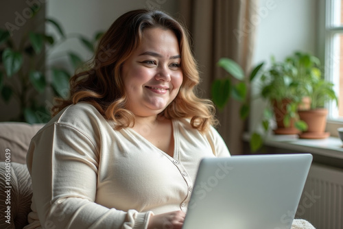 overweight woman in a light tunic with light brown wavy hair loose to her shoulders working at home on a laptop