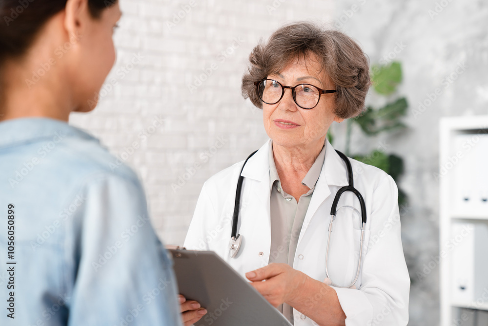 Female senior doctor explaining telling diagnosis to woman patient, showing test results, diagnosis, prescribing medications pills drugs at hospital Female senior doctor explaining telling diagnosis to woman patient, showing test results, diagnosis, prescribing medications pills drugs at hospital
