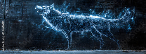 A wolf silhouette made of blue light stands out against a dark brick wall.