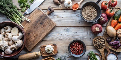 A rustic kitchen setup with fresh vegetables and spices ready for cooking. Generative AI photo