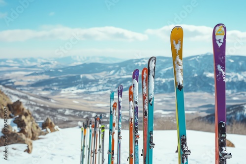 Skis alignés au sommet d'une station de ski avec vue panoramique sur les montagnes
 photo