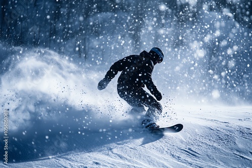 Skieur dans une tempête de neige créant une explosion de poudreuse, ambiance dramatique hivernale
 photo