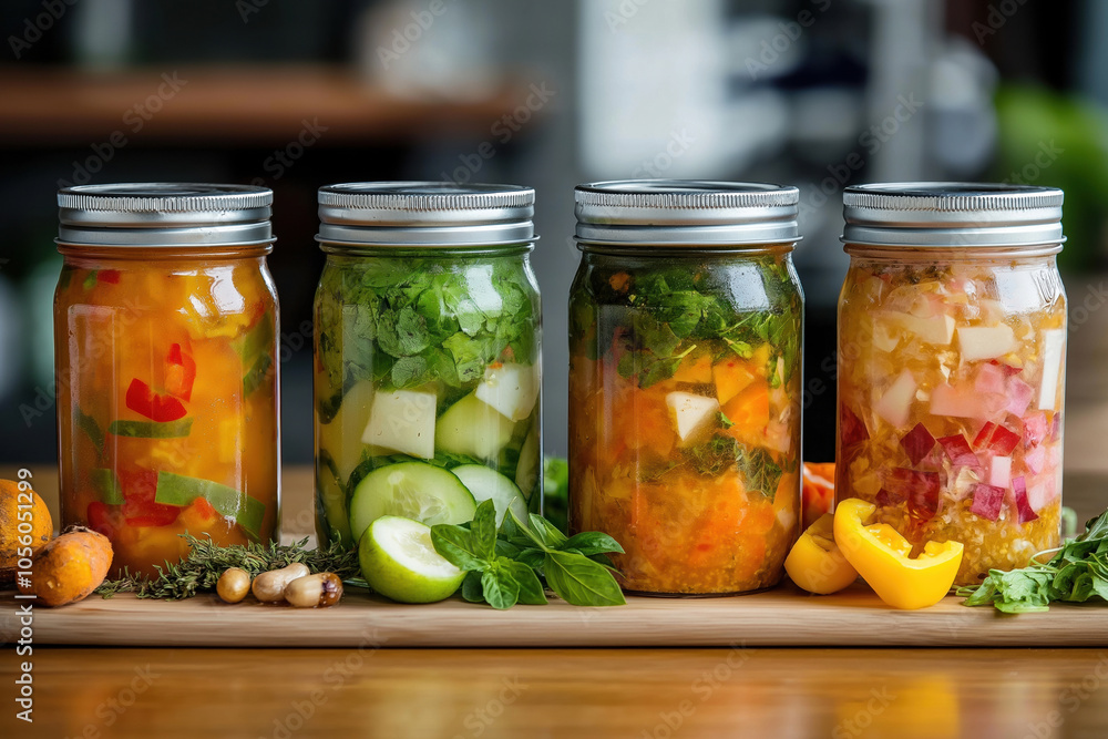 Colorful jars of pickled vegetables arranged on a wooden board in a kitchen setting Colorful jars of pickled vegetables arranged on a wooden board in a kitchen setting