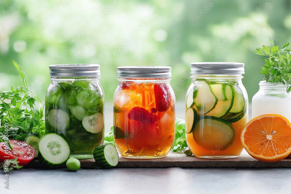 Freshly prepared infused water jars with fruits and herbs on a sunny kitchen counter Freshly prepared infused water jars with fruits and herbs on a sunny kitchen counter
