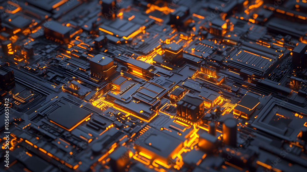 Abstract 3D rendering of a futuristic circuit board with glowing orange lines. Abstract 3D rendering of a futuristic circuit board with glowing orange lines.