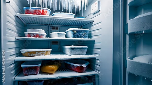 Frosty Freezer Interior Stacked with Frozen Food Containers

