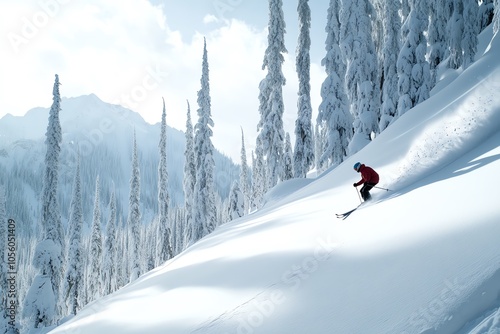 Skieur alpin en poudreuse descendant une pente raide dans les montagnes enneigées
