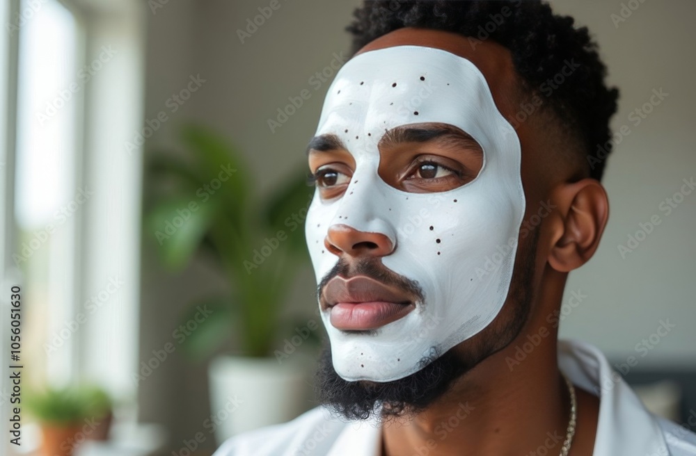 Portrait of a young African man with a cosmetic mask on his face at home. Facial skin care Portrait of a young African man with a cosmetic mask on his face at home. Facial skin care