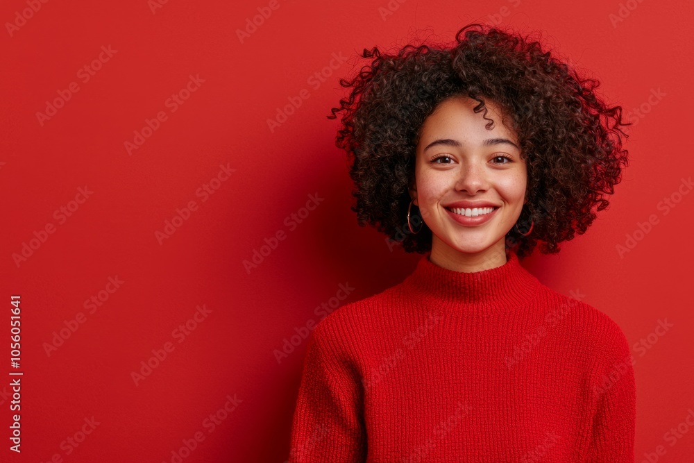 A female freelancer with digital icons signifying growth and innovation, red background A female freelancer with digital icons signifying growth and innovation, red background