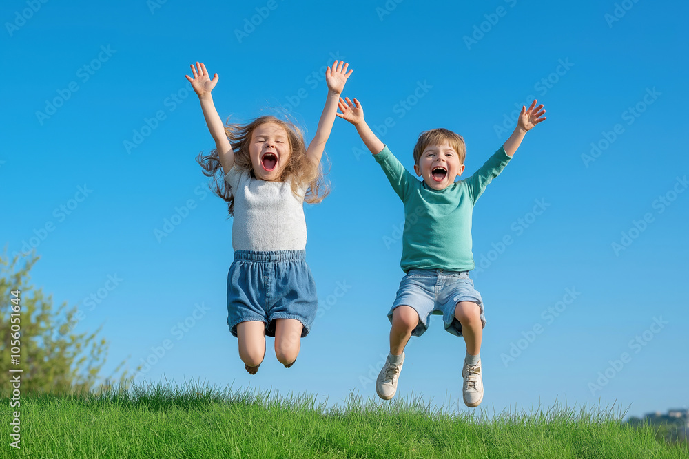 Children joyfully jumping on a grassy hillside under a clear blue sky Children joyfully jumping on a grassy hillside under a clear blue sky