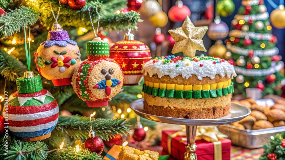 Fototapeta premium Close-Up of Unique Cultural Christmas Decorations and Foods from Around the World – Featuring Panettone, Piñatas, and Julbock